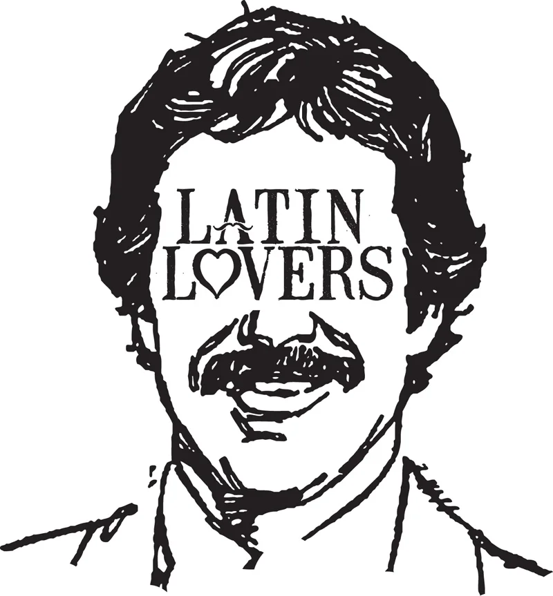 Ilustração em traço preto do rosto de Belchior com bigode, com o logotipo 'LATIN LOVERS' estampado sobre os olhos e a testa.