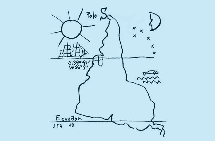 Desenho em linhas pretas do mapa invertido da América do Sul ('América Invertida', de Joaquín Torres García), com o sul voltado para cima, sol, barco e lua sobre fundo azul-claro.
